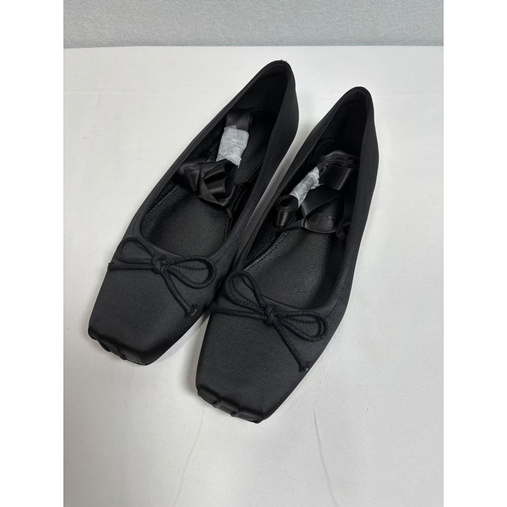 Oiamenne Ballet Flats Women Size 10 Black Satin Square Toe Ribbon Tie Preppy